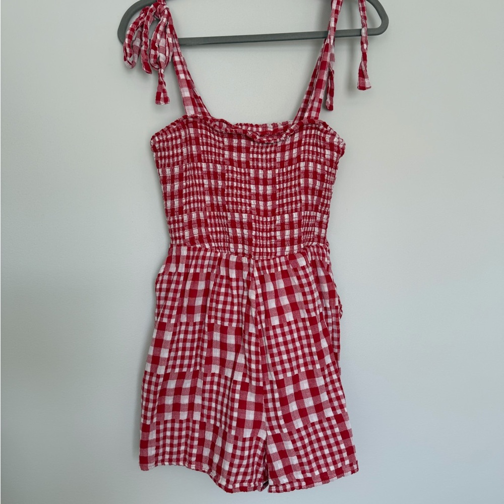 Old Navy Red and White Gingham Tie-Shoulder Romper